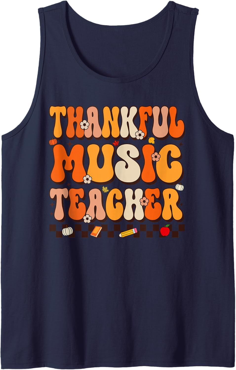 Thankful Music Teacher Groovy Thanksgiving Fall Teacher Sleeveless Tank Top - Navy Blue