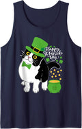 Tuxedo Cat Shamrock St Patrick's Day Irish Cat Kitten Lover Sleeveless Tank Top - Navy Blue