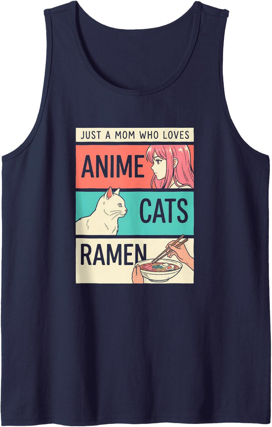 Anime Mom Cats Ramen Vintage Manga Mother Japanese Noodles Sleeveless Tank Top - Navy Blue