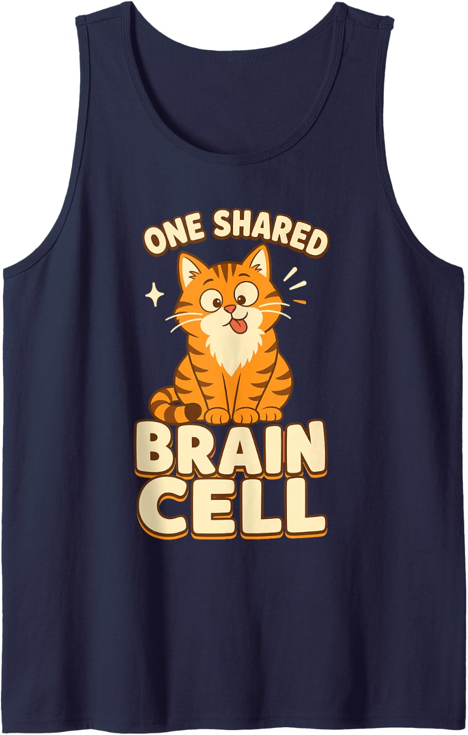 One Shared Brain Cell Orange Cat Sleeveless Tank Top - Navy Blue