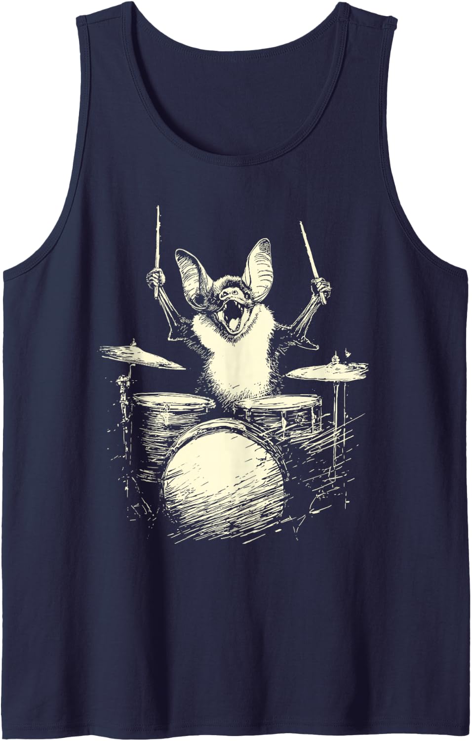 Cute Bat Playing Drums Funny Music Animal Drummer Graphic Tank Top - Navy Blue