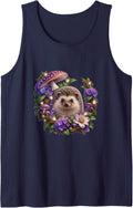 Hedgehog Among Violet Blooms and Mushrooms Sleeveless Tank Top - Navy Blue