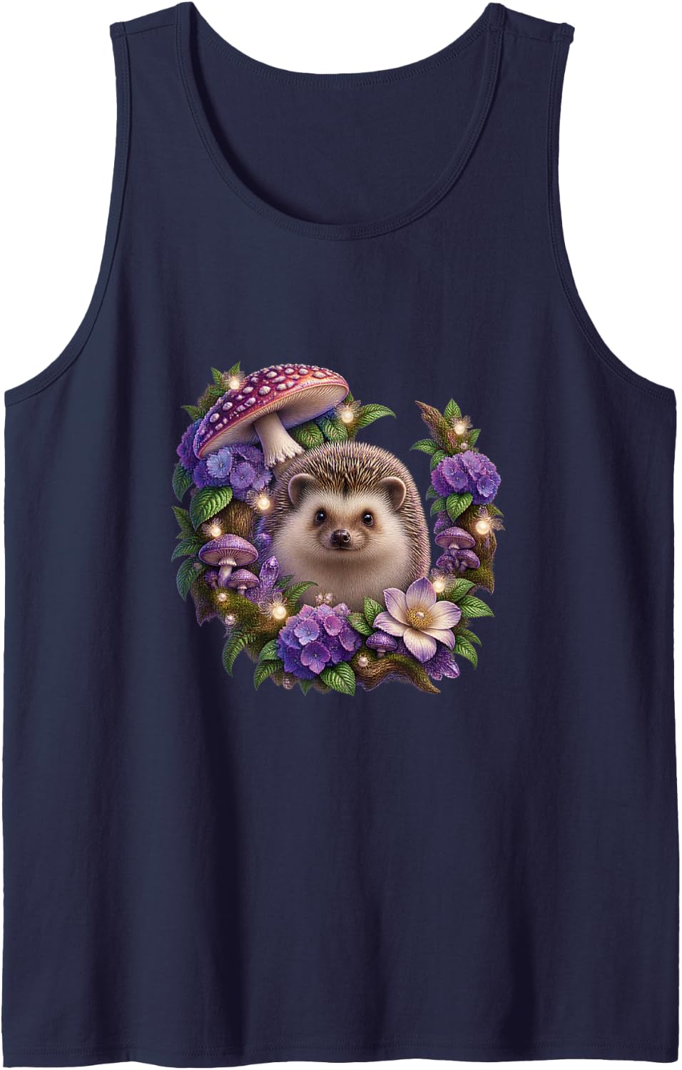 Hedgehog Among Violet Blooms and Mushrooms Sleeveless Tank Top - Navy Blue