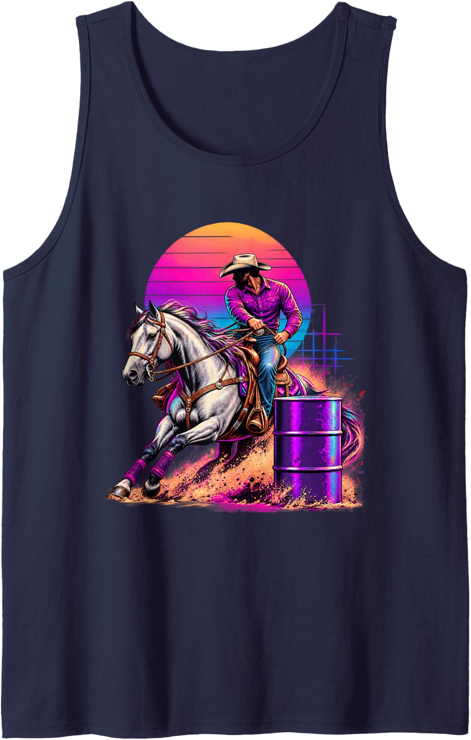 Retro Synthwave Barrel Racing Cowboy Horse Rodeo Rider Sleeveless Tank Top - Navy Blue