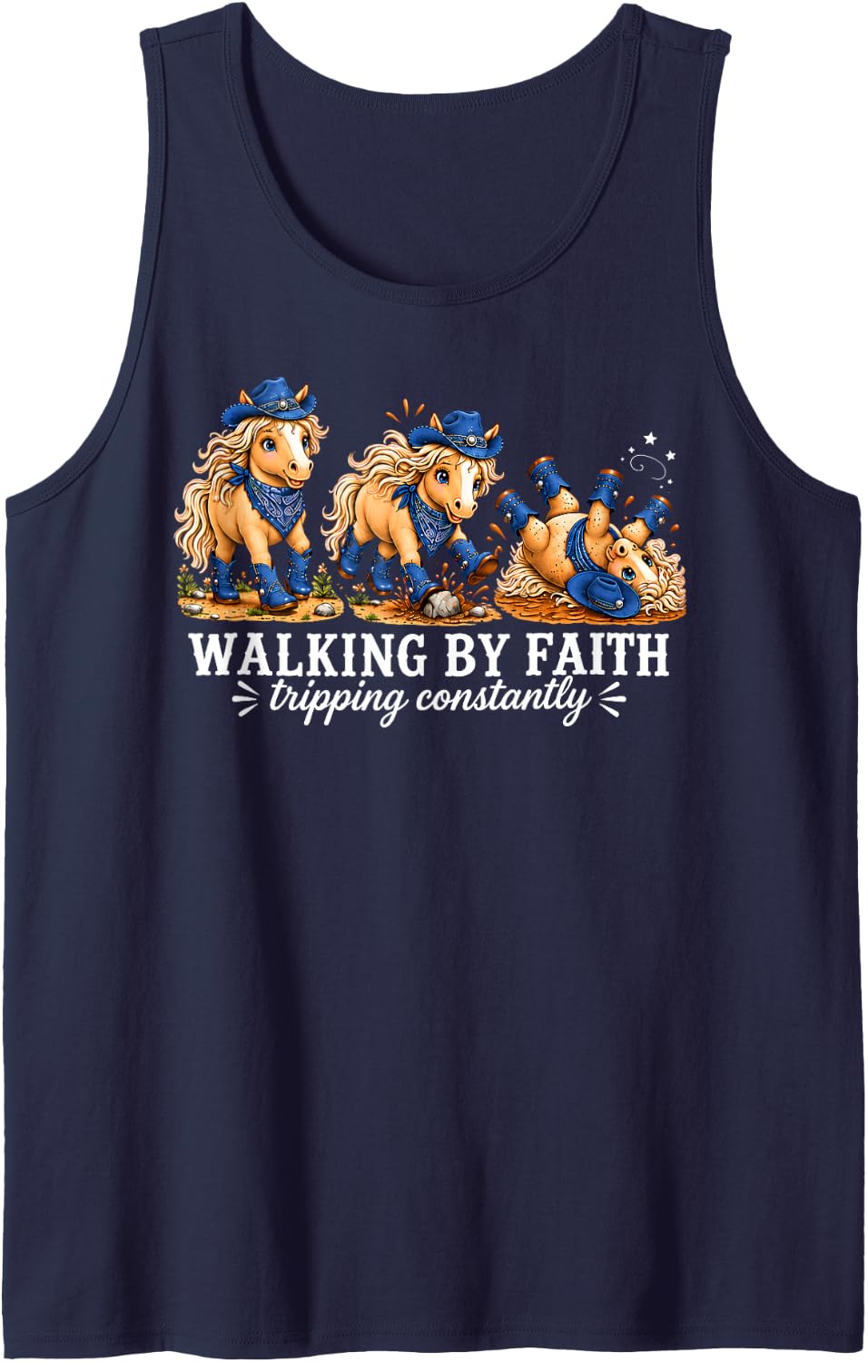 Walking by Faith Tripping Constantly Horse Funny Christian Sleeveless Tank Top - Navy Blue