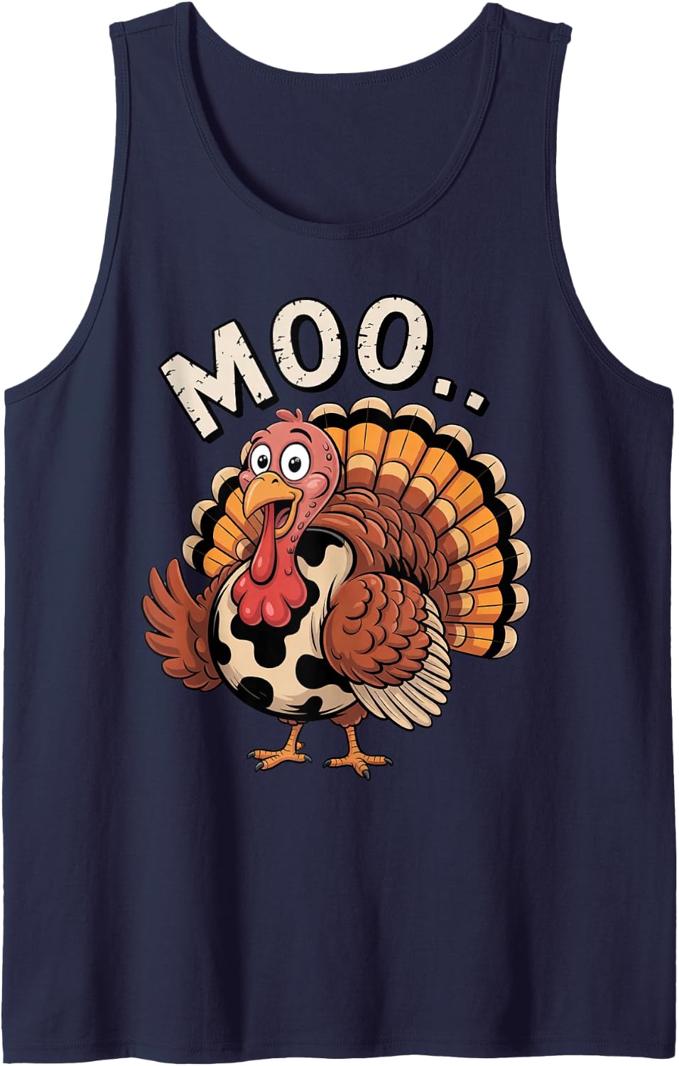 Moo Funny Turkey Cow Print Thanksgiving Sleeveless Tank Top - Navy Blue