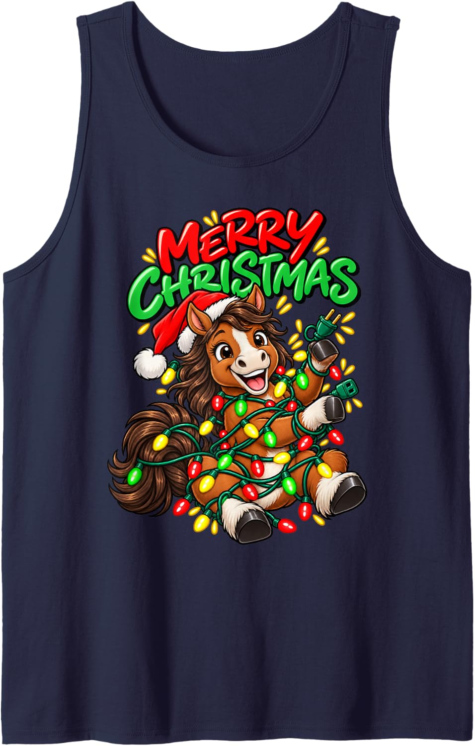 Merry Christmas Happy Horse Cute Christmas Lights Sleeveless Tank Top - Navy Blue