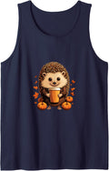 Hedgehog Porcupine Pumpkin Spice Latte Autumn Halloween Sleeveless Tank Top - Navy Blue
