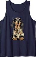 Fluffy Dapple Long Haired Dachshund Dog Illustration Tank Top - Navy Blue