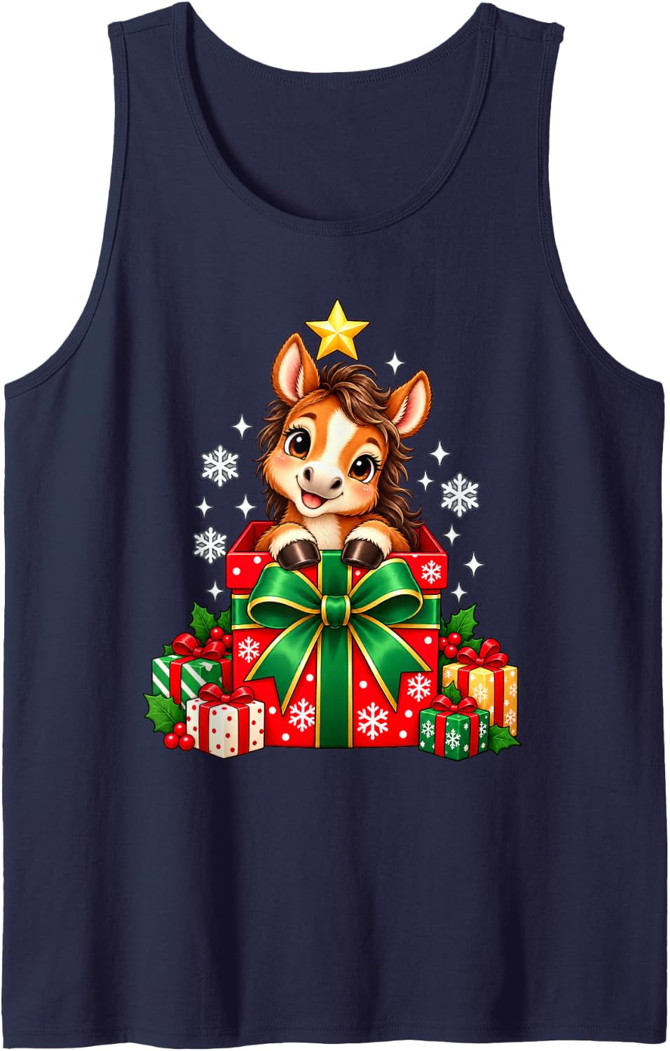 Smiling Horse Christmas Box Holiday Graphic Sleeveless Tank Top - Navy Blue