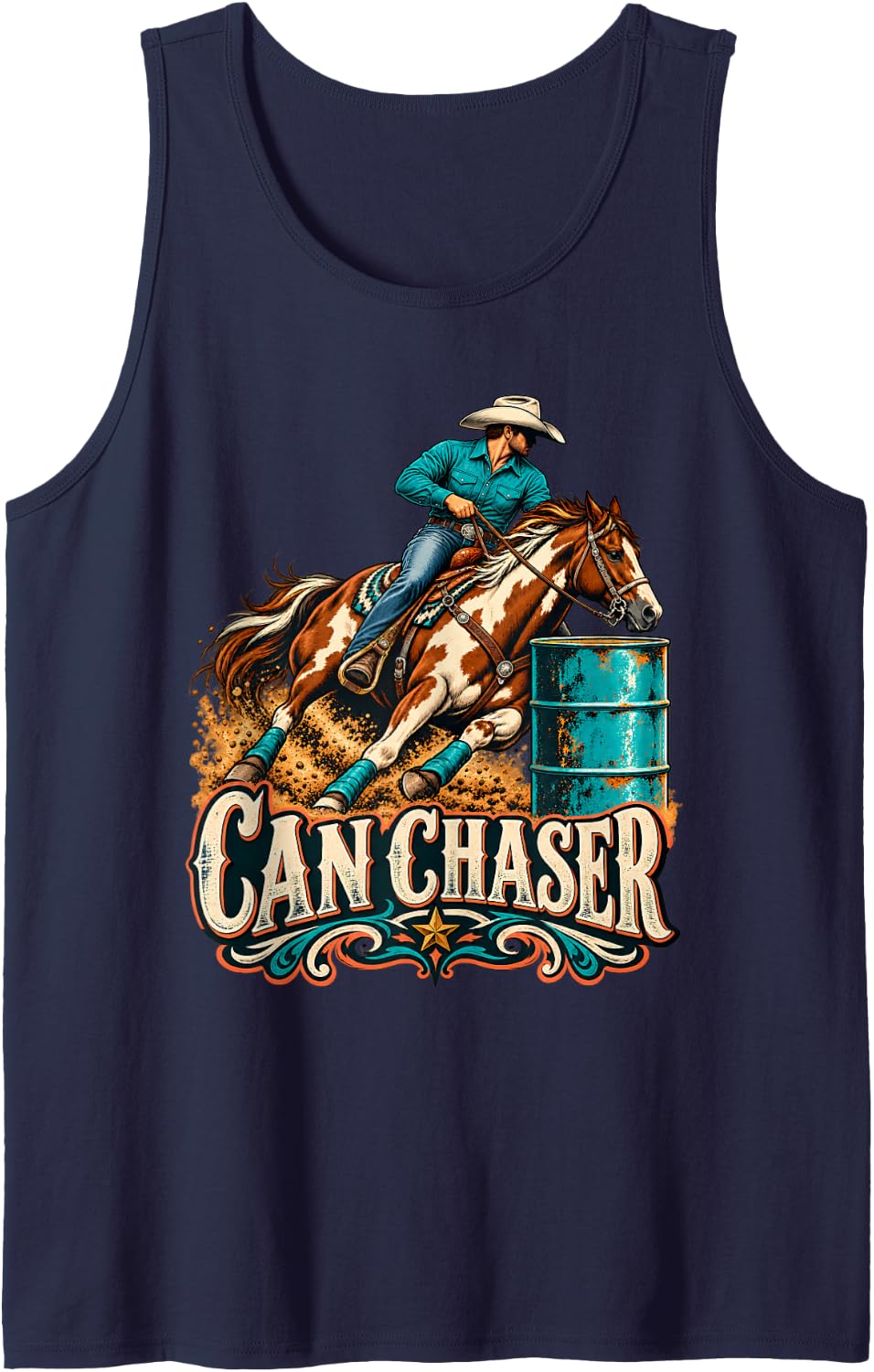 Can Chaser Barrel Racing Cowboy Pinto Horse Rodeo Sleeveless Tank Top - Navy Blue