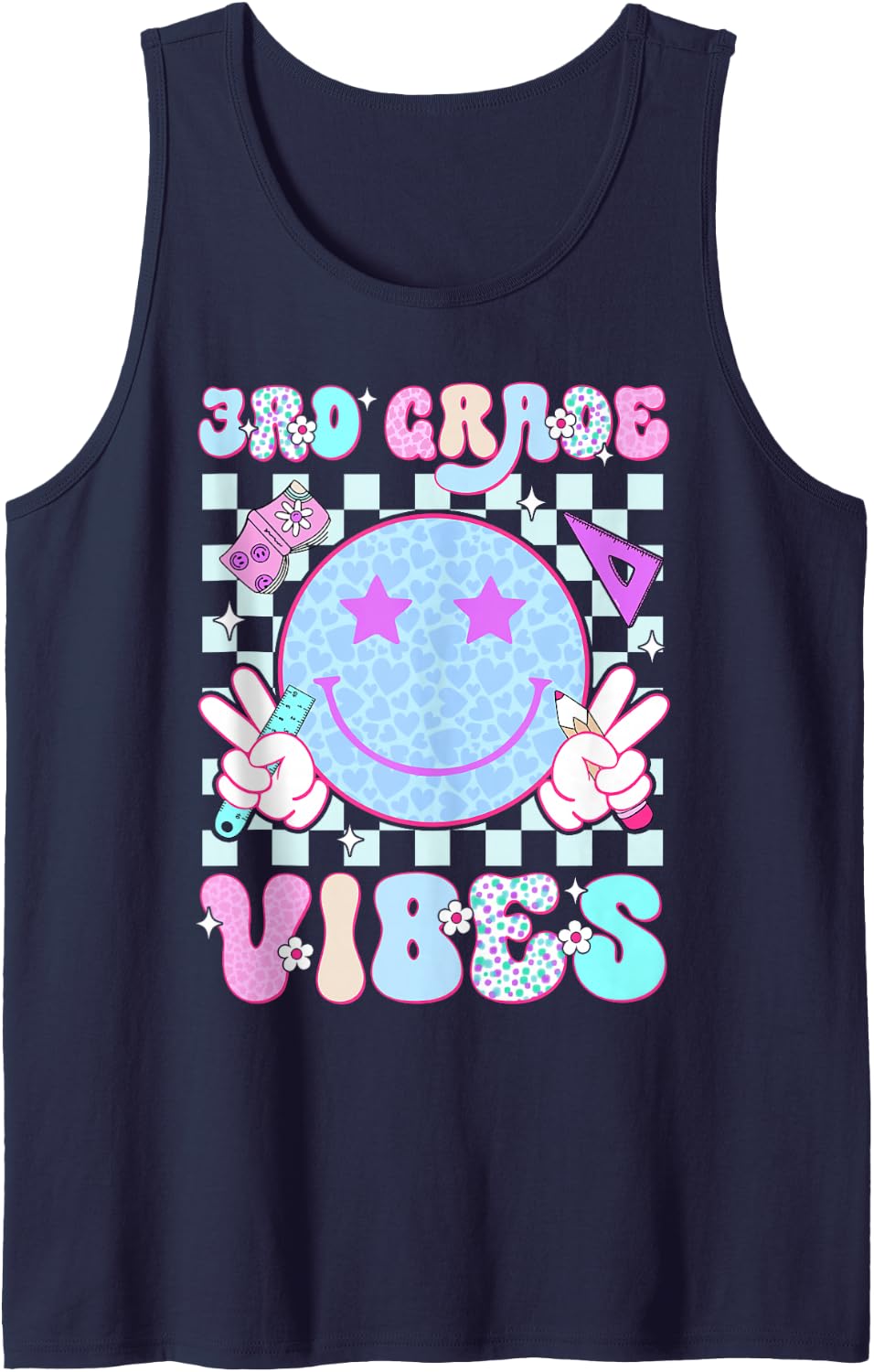 3rd Third Grade Vibes Smile Face Back to School Teacher Girl Sleeveless Tank Top - Navy Blue