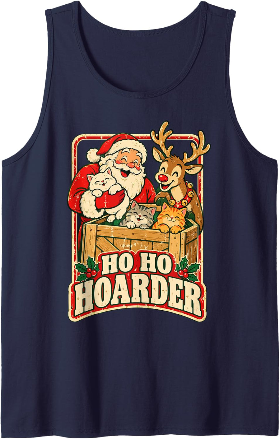 Cat Ho Hoarder Funny Christmas Lover Holiday Mom Santa Sleeveless Tank Top - Navy Blue