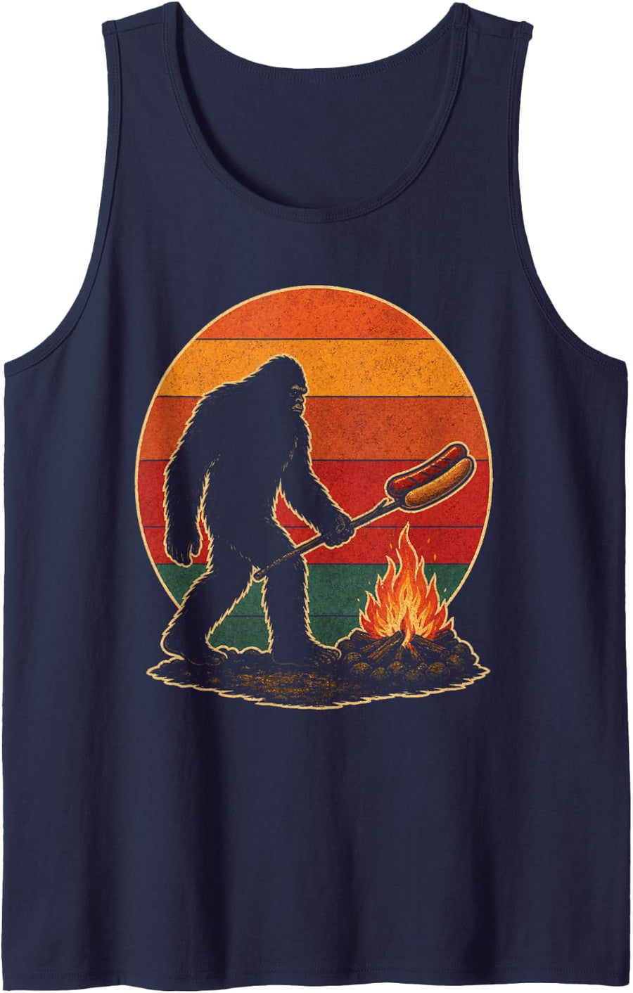 Bigfoot Campfire Retro Vintage Sasquatch Silhouette Sunset Sleeveless Tank Top - Navy Blue