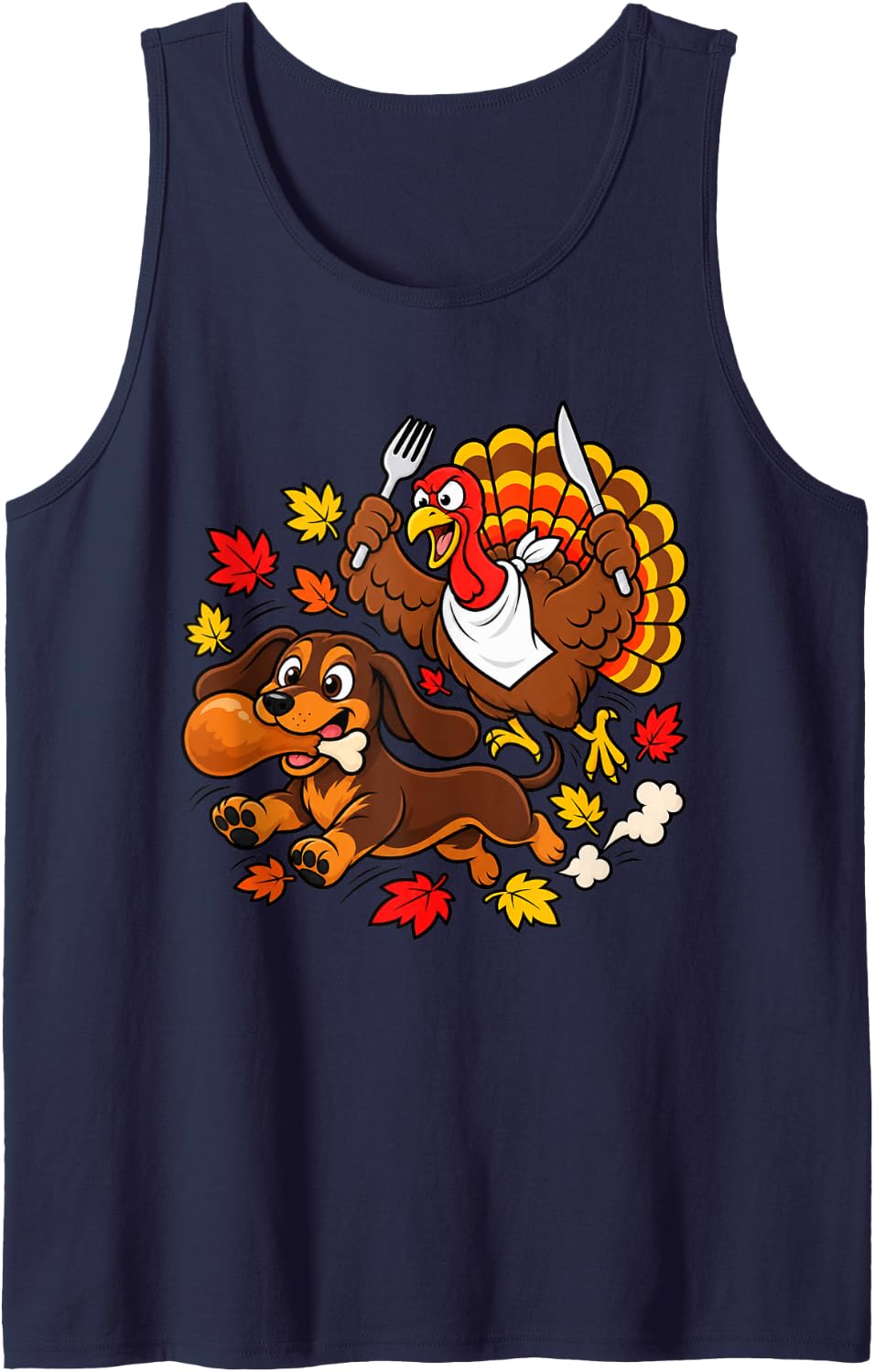Funny Turkey Chasing Dachshund Dog Thanksgiving Womens Mens Sleeveless Tank Top - Navy Blue
