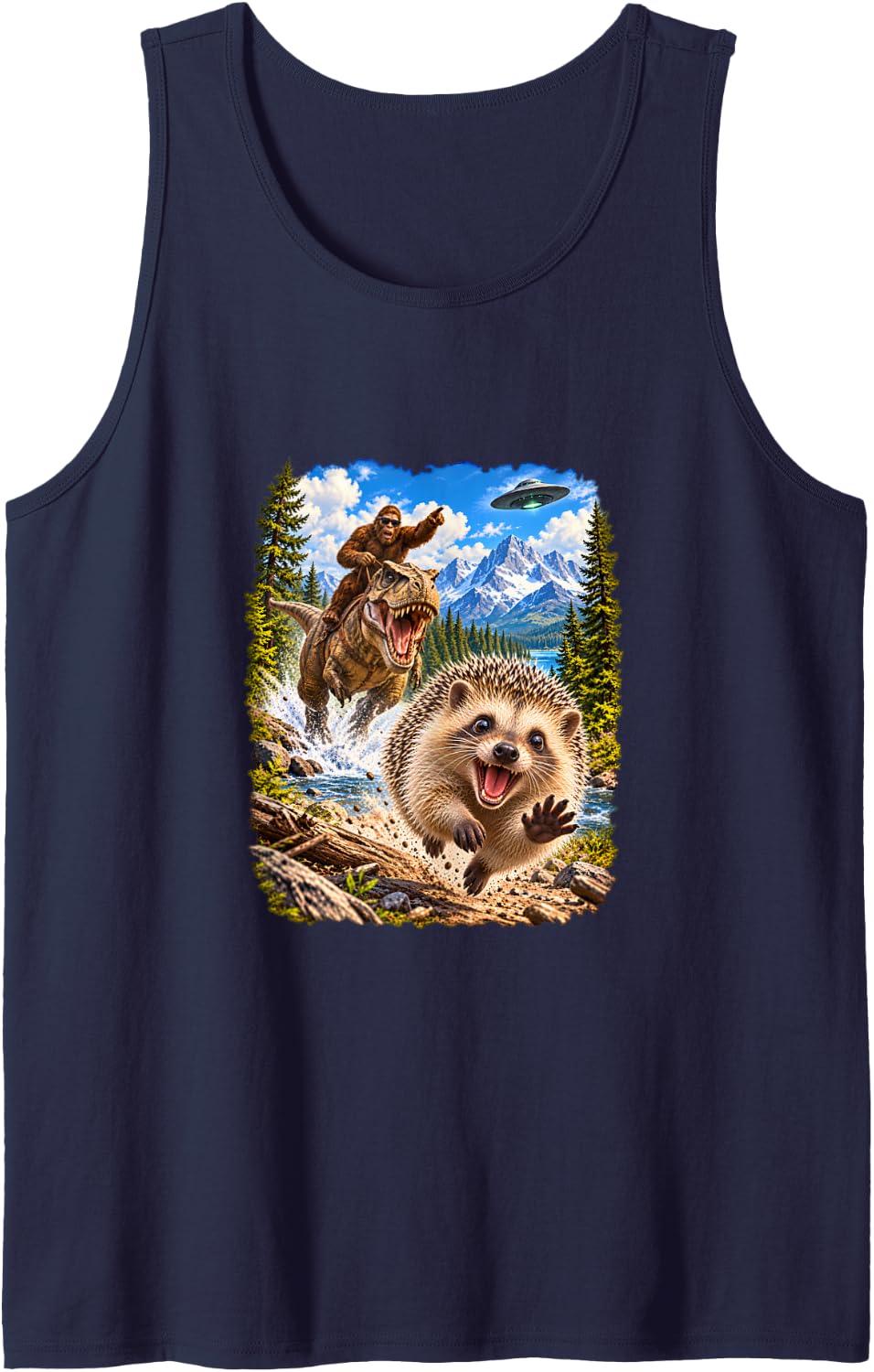 Hedgehog Bigfoot T Rex UFO Selfie Funny Gifts Men Women Kid Sleeveless Tank Top - Navy Blue