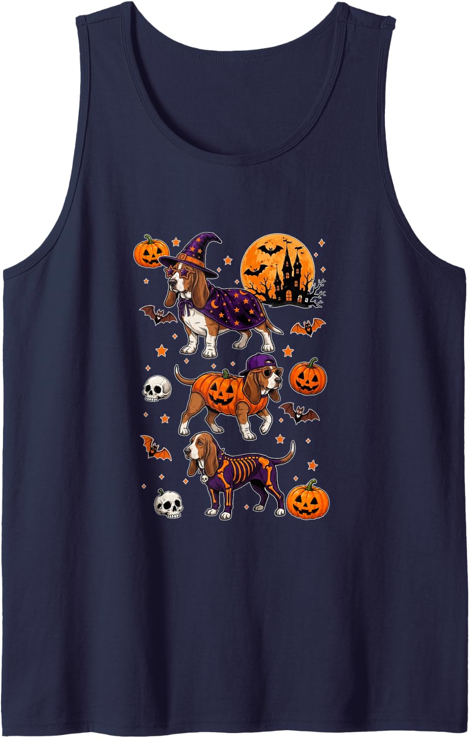 Three Cute Basset Hounds Cosplay Witch Skeleton Halloween Tank Top - Navy Blue