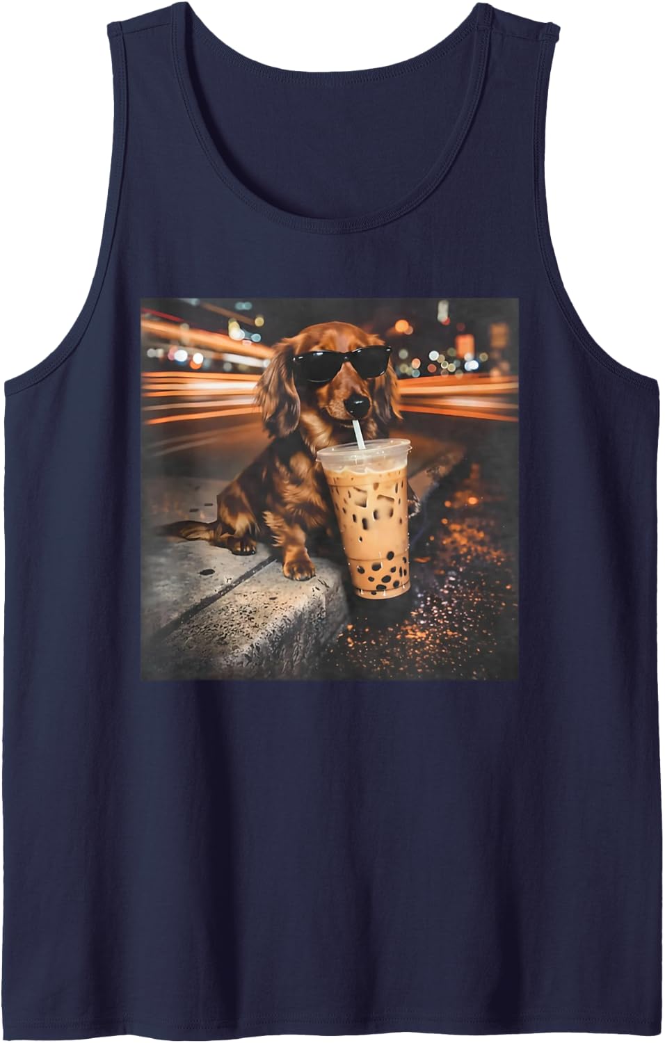 Funny Cool Dachshund Drinking Iced Coffee Animal Graphic Sleeveless Tank Top - Navy Blue