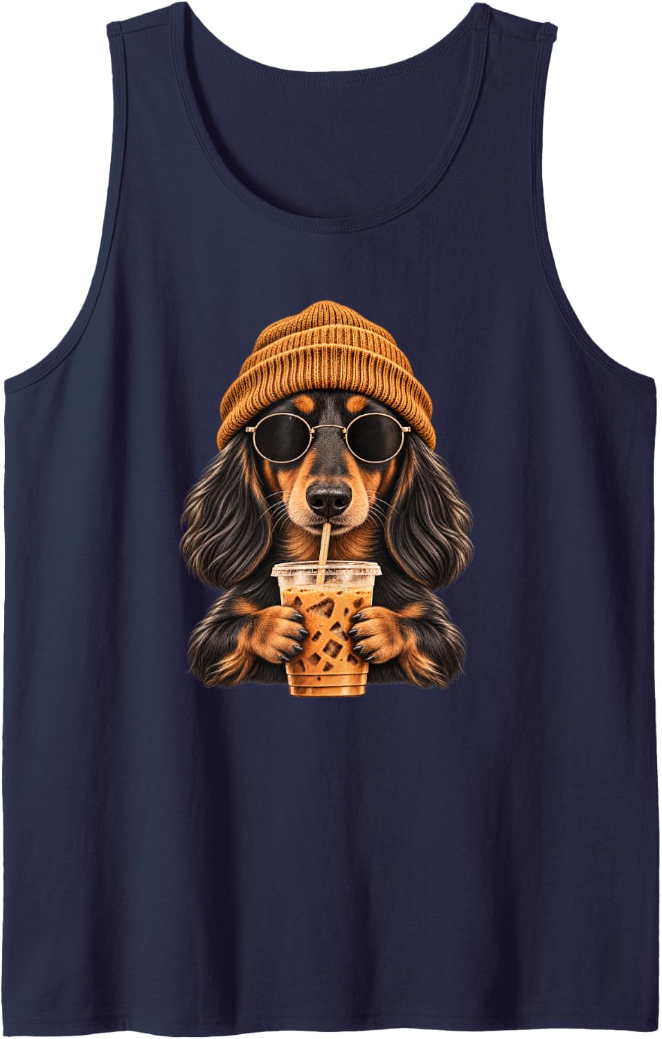 Moms Hipster Iced Coffee Black Long Haired Dachshund Lover Sleeveless Tank Top - Navy Blue