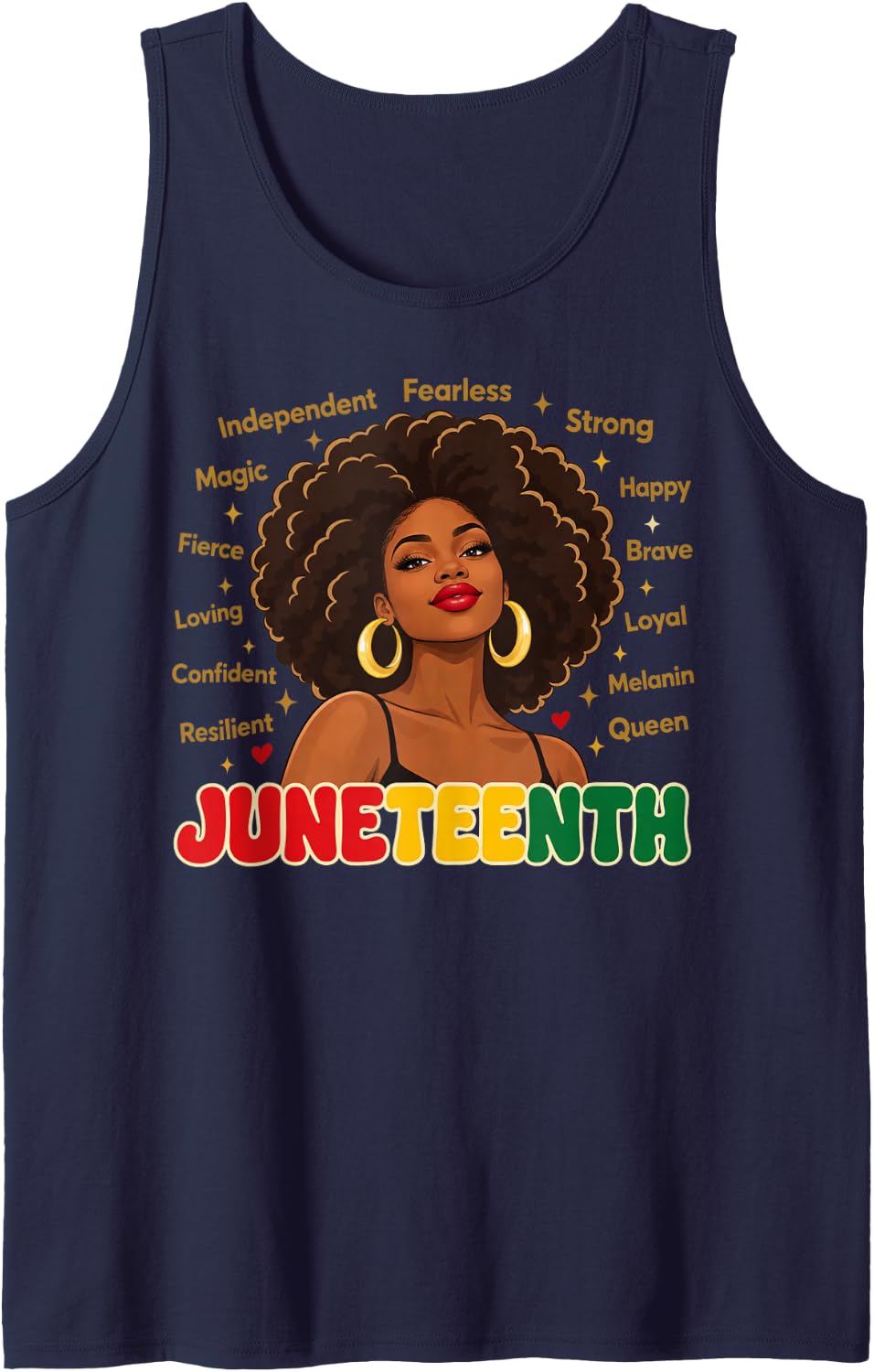Juneteenth Black Woman Portrait with Gold Hoop Earrings Sleeveless Tank Top - Navy Blue