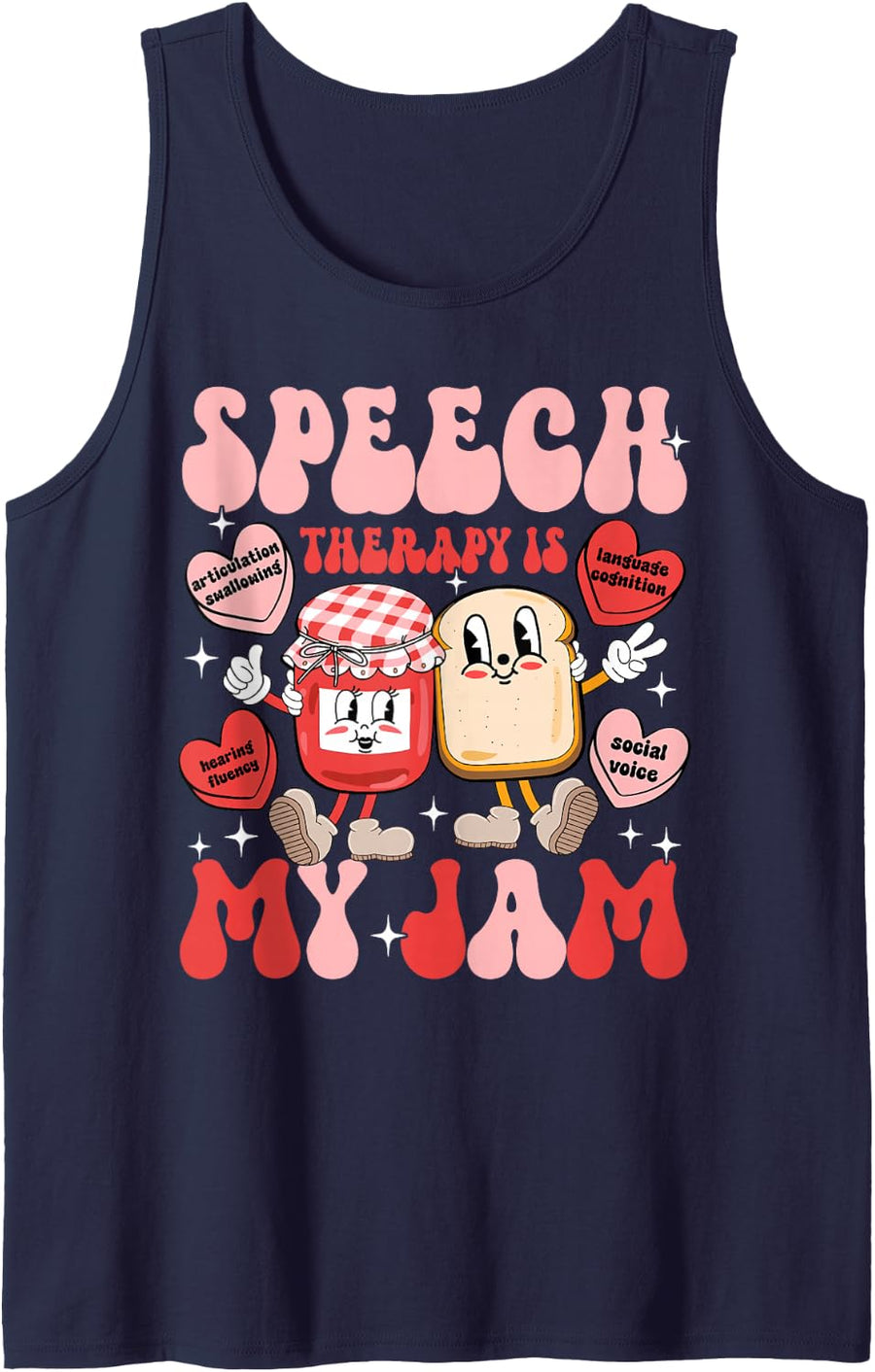 Speech Therapy Pathology is My Jam Candy Heart SLP Valentine Sleeveless Tank Top - Navy Blue