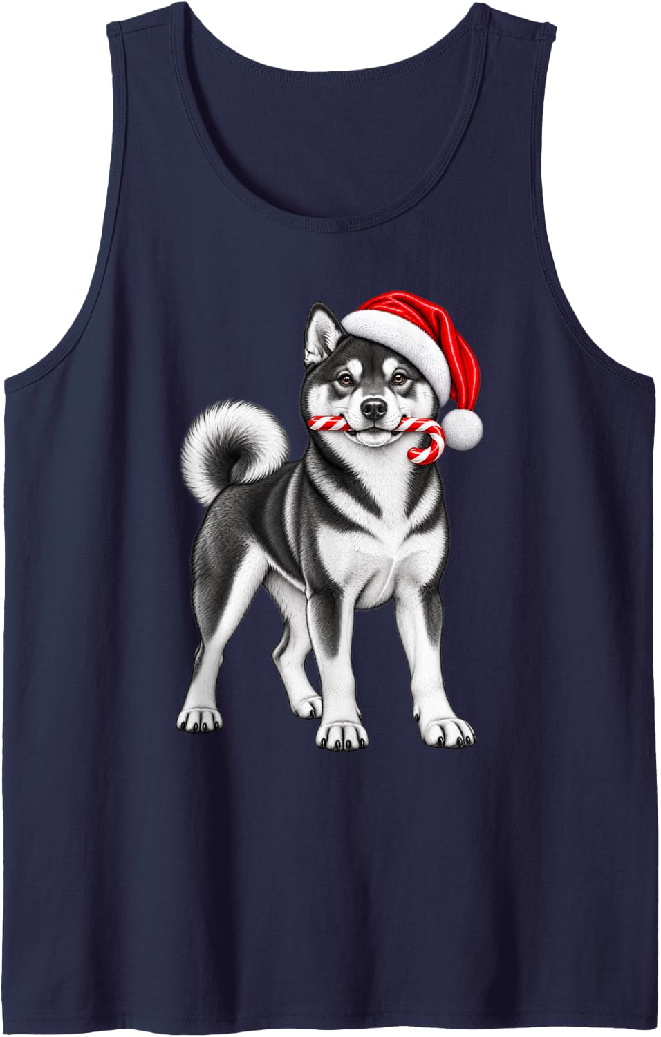 Shiba Inu Dog Christmas Santa Hat Candy Cane Xmas Dog Sleeveless Tank Top - Navy Blue