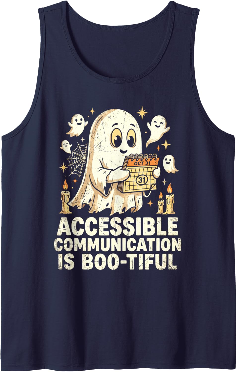 Halloween Accessible Communication Ghost AAC Awareness SLP Sleeveless Tank Top - Navy Blue