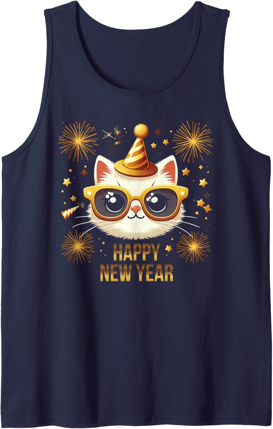 Happy New Year Cat Fireworks New Years Eve Party Sleeveless Tank Top - Navy Blue