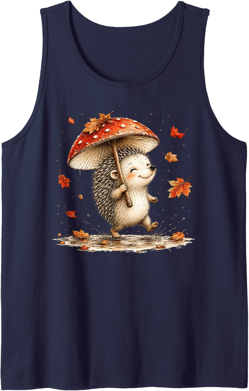 Happy Hedgehog Mushroom Umbrella Autumn Walk Tank Top - Navy Blue