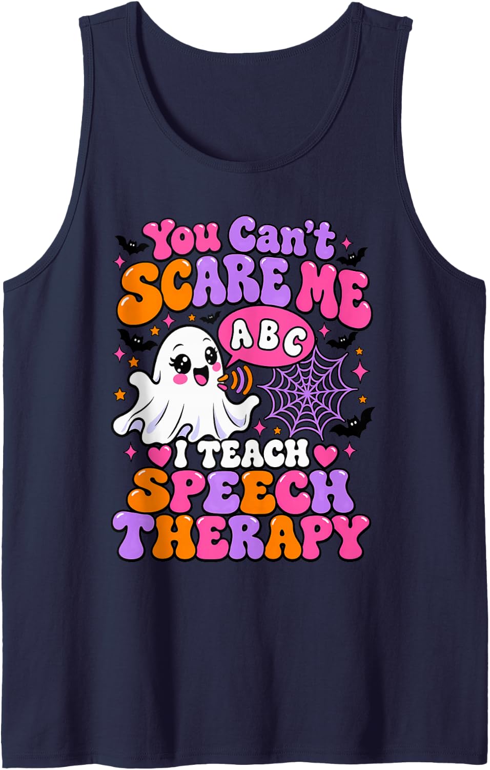 Speech Therapy SLP Not Afraid Boo Funny Halloween Sleeveless Tank Top - Navy Blue