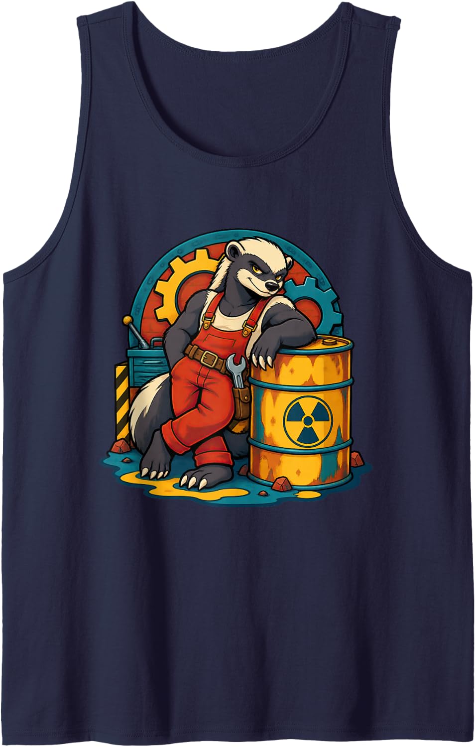 Bold Honey Badger Leans Against Radioactive Comic Barrel Sleeveless Tank Top - Navy Blue