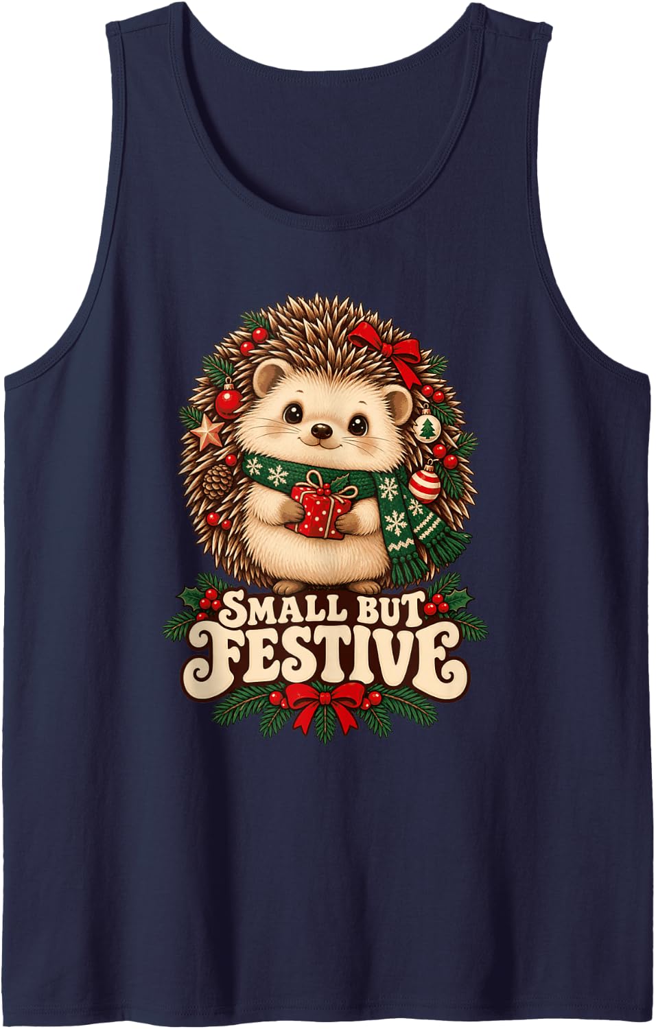 Christmas Hedgehog with Scarf and Present Sleeveless Tank Top - Navy Blue