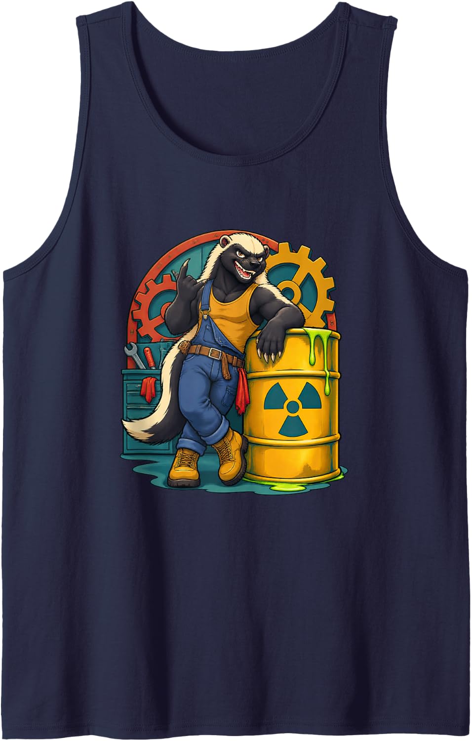 Honey Badger Leans Confidently Against a Radioactive Comic Sleeveless Tank Top - Navy Blue
