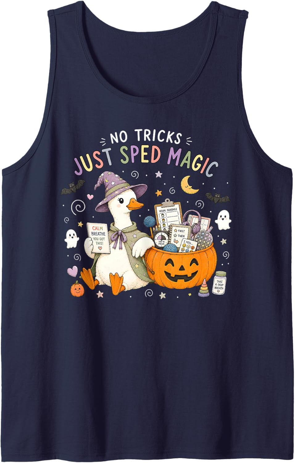 No Tricks Just SPED Magic Goose Special Education Halloween Sleeveless Tank Top - Navy Blue