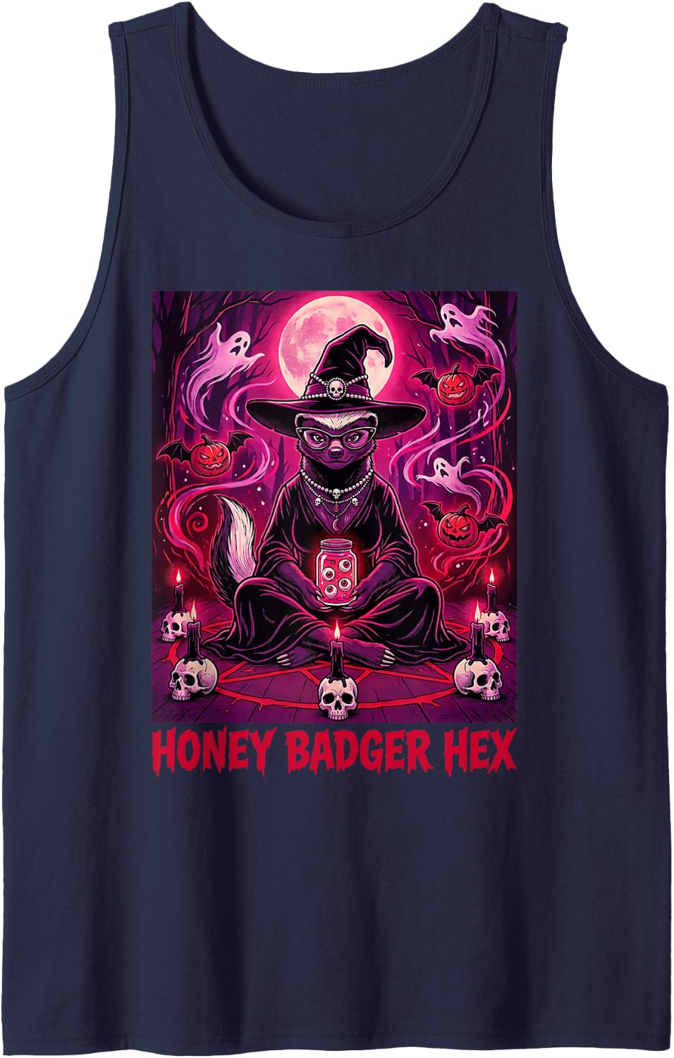Honey Badger Hex Witch Ghosts Spooky Scary Haunted Horror Sleeveless Tank Top - Navy Blue
