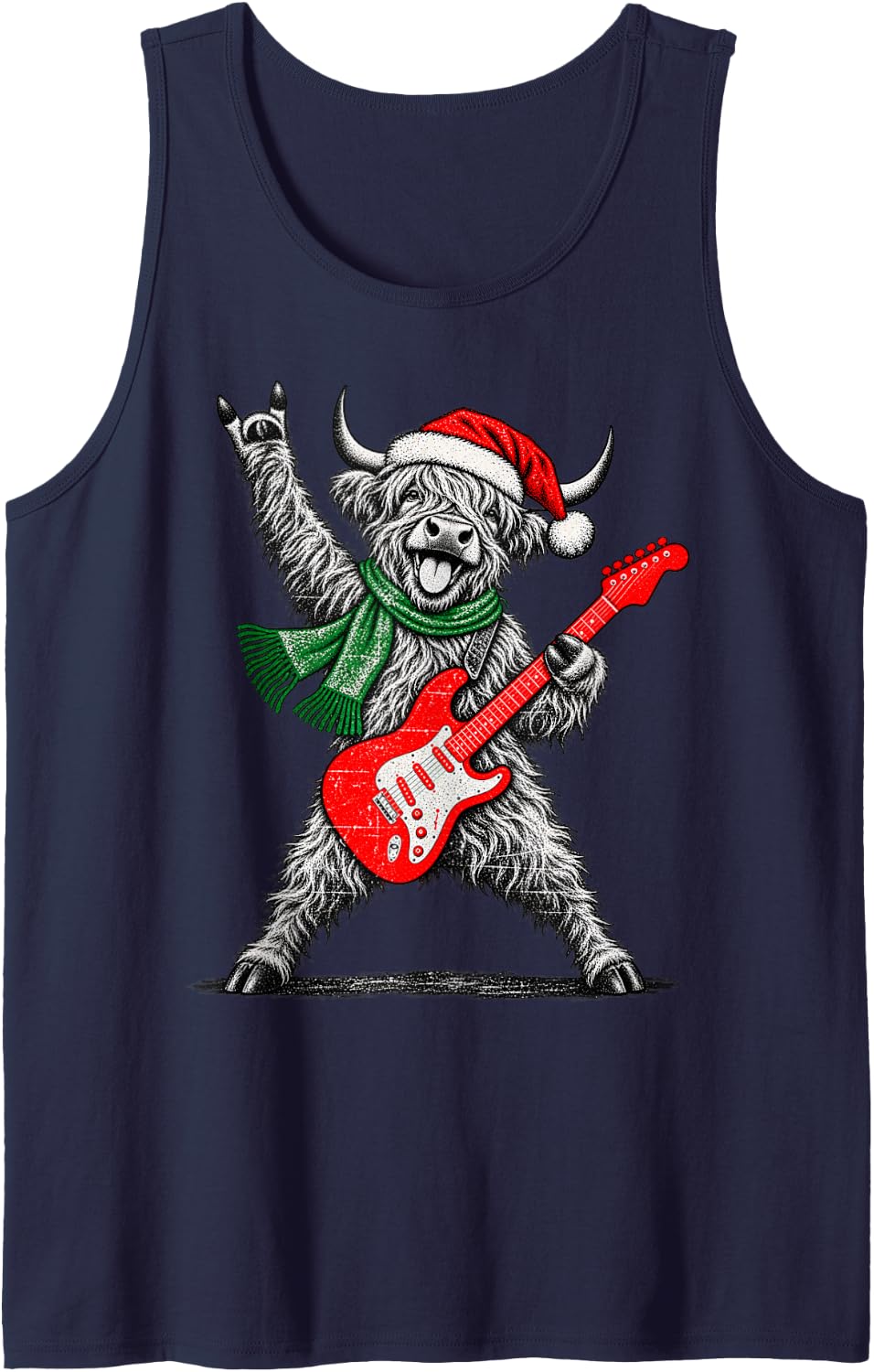 Vintage Highland Cow Rock Playing Guitar Funny Christmas Sleeveless Tank Top - Navy Blue