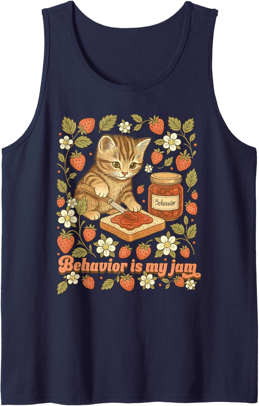 Behavior is My Jam Cat Strawberry ABA Behavior Analyst RBT Sleeveless Tank Top - Navy Blue