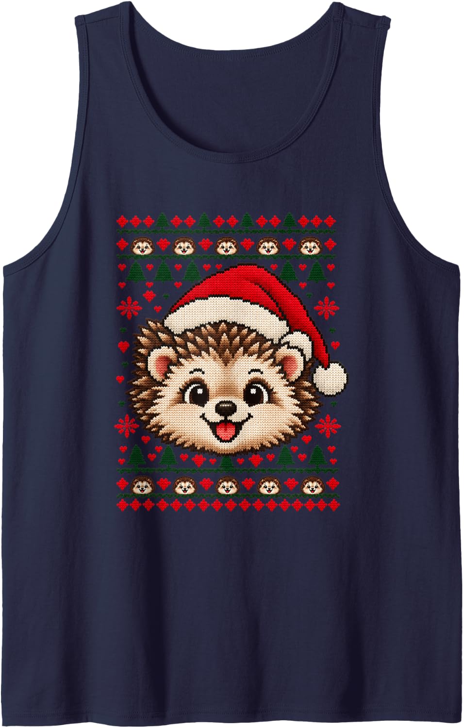 Happy Hedgehog Christmas Dog Santa Hat Ugly Sweater Sleeveless Tank Top - Navy Blue