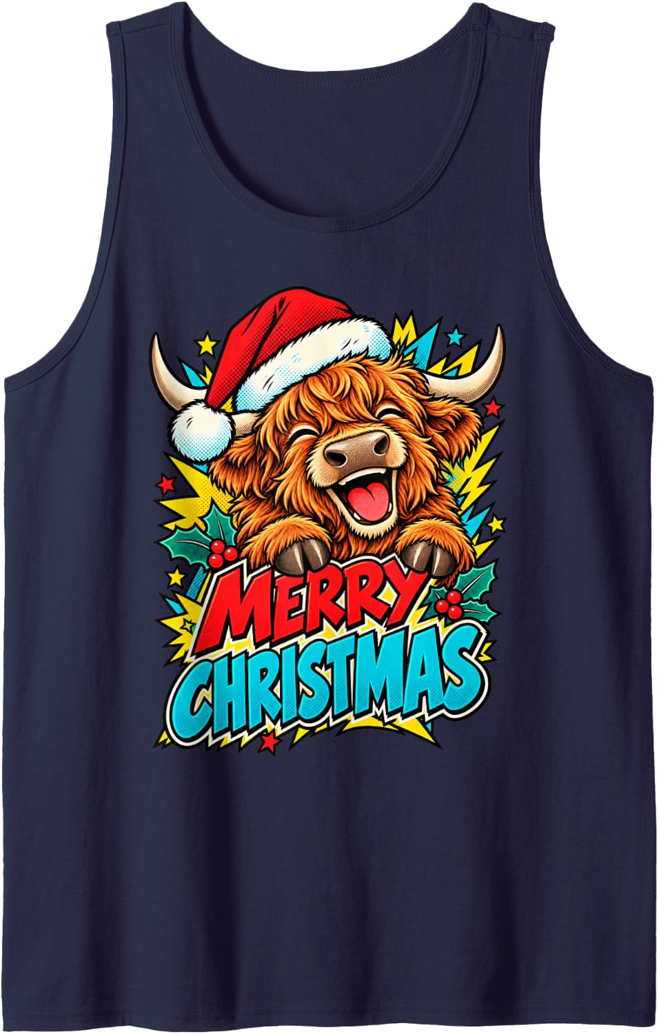 Merry Christmas Smiling Highland Cow Pop Art Santa Men Women Sleeveless Tank Top - Navy Blue