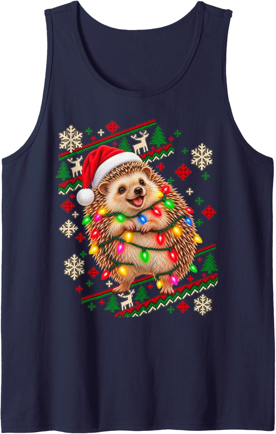 Christmas Lights Hedgehog Joyful Holiday Design Sleeveless Tank Top - Navy Blue