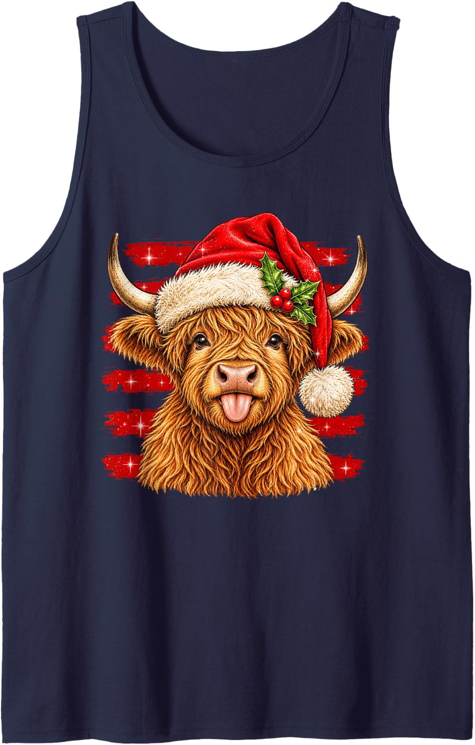 Funny Highland Cow Santa Hat Merry Christmas Sleeveless Tank Top - Navy Blue