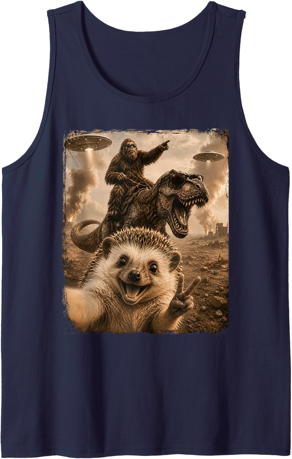 Hedgehog Selfie Bigfoot T Rex UFO Funny Men Women Kid Humor Sleeveless Tank Top - Navy Blue