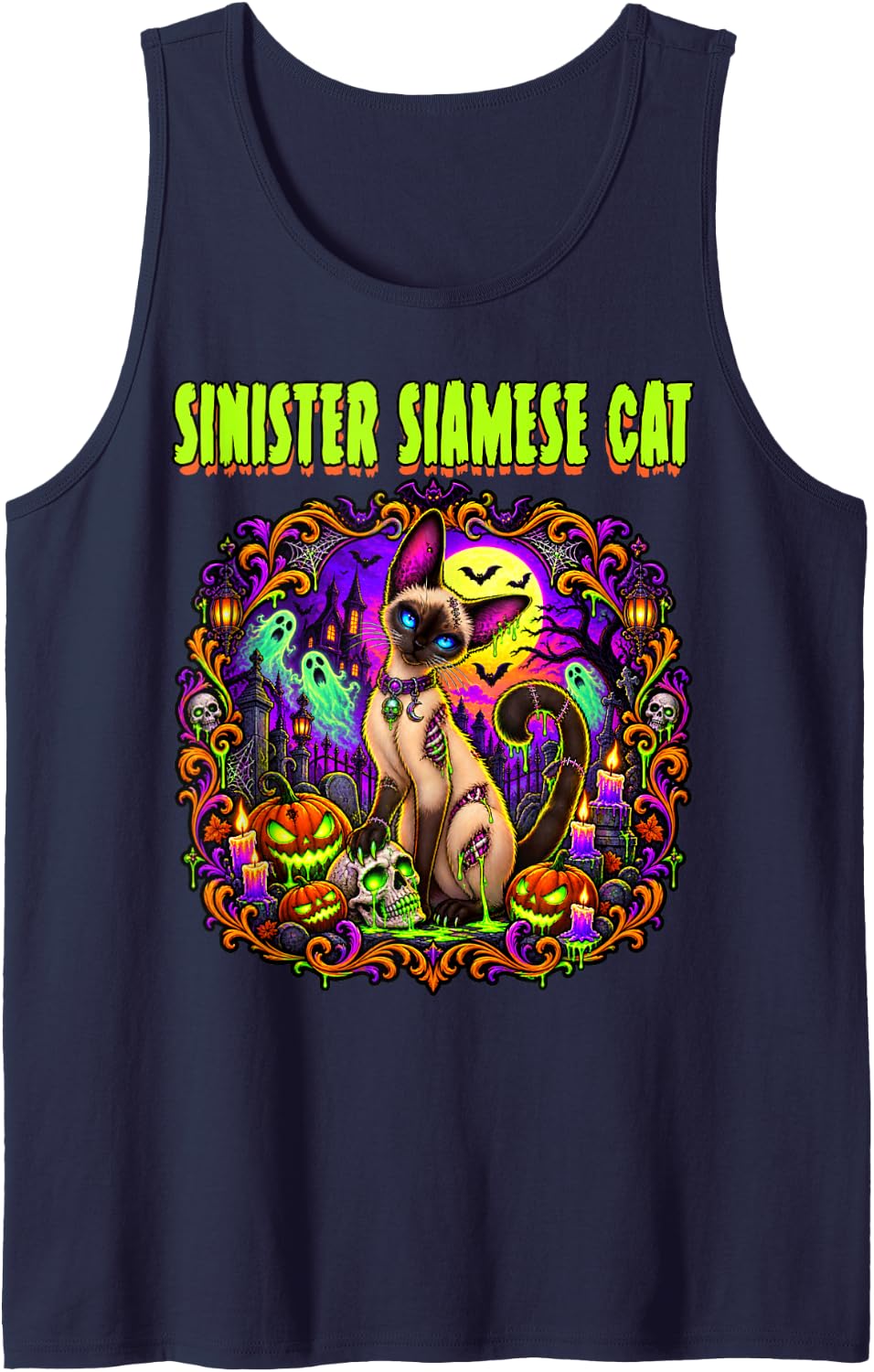 Siamese Cat Zombie Undead Frankenstein Spooky Scary Horror Sleeveless Tank Top - Navy Blue