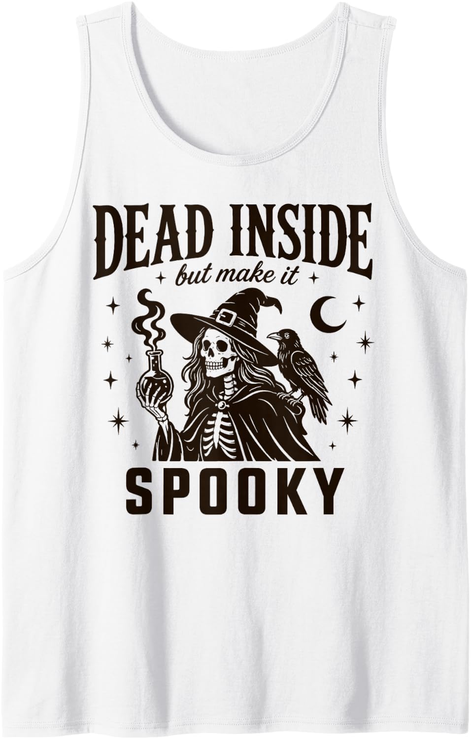 Halloween Skeleton Witch Raven and Crescent Moon Humor Sleeveless Tank Top - White