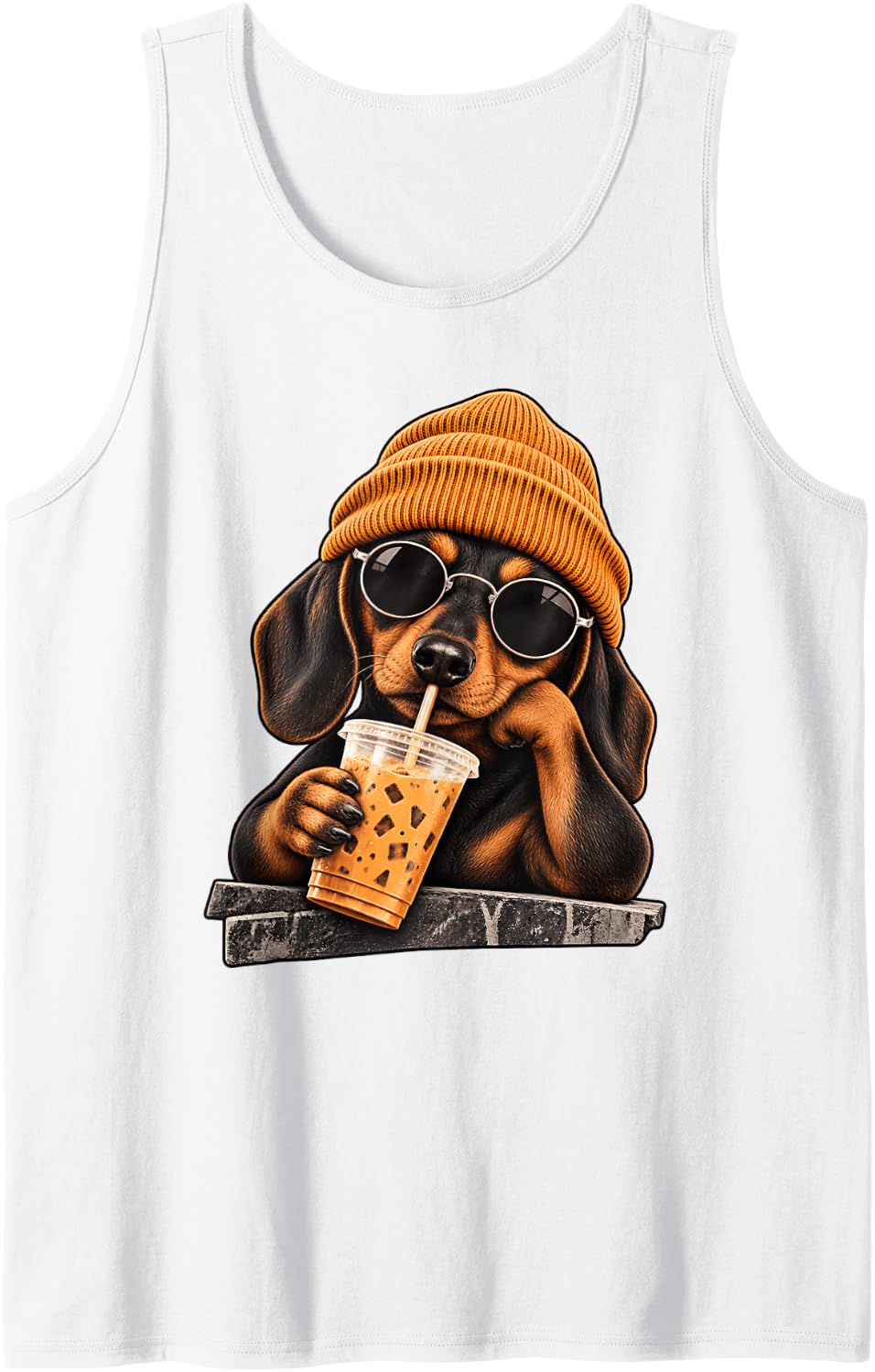 Funny Dachshund Hipster Drinking Iced Coffee Sunglasses Sleeveless Tank Top - White