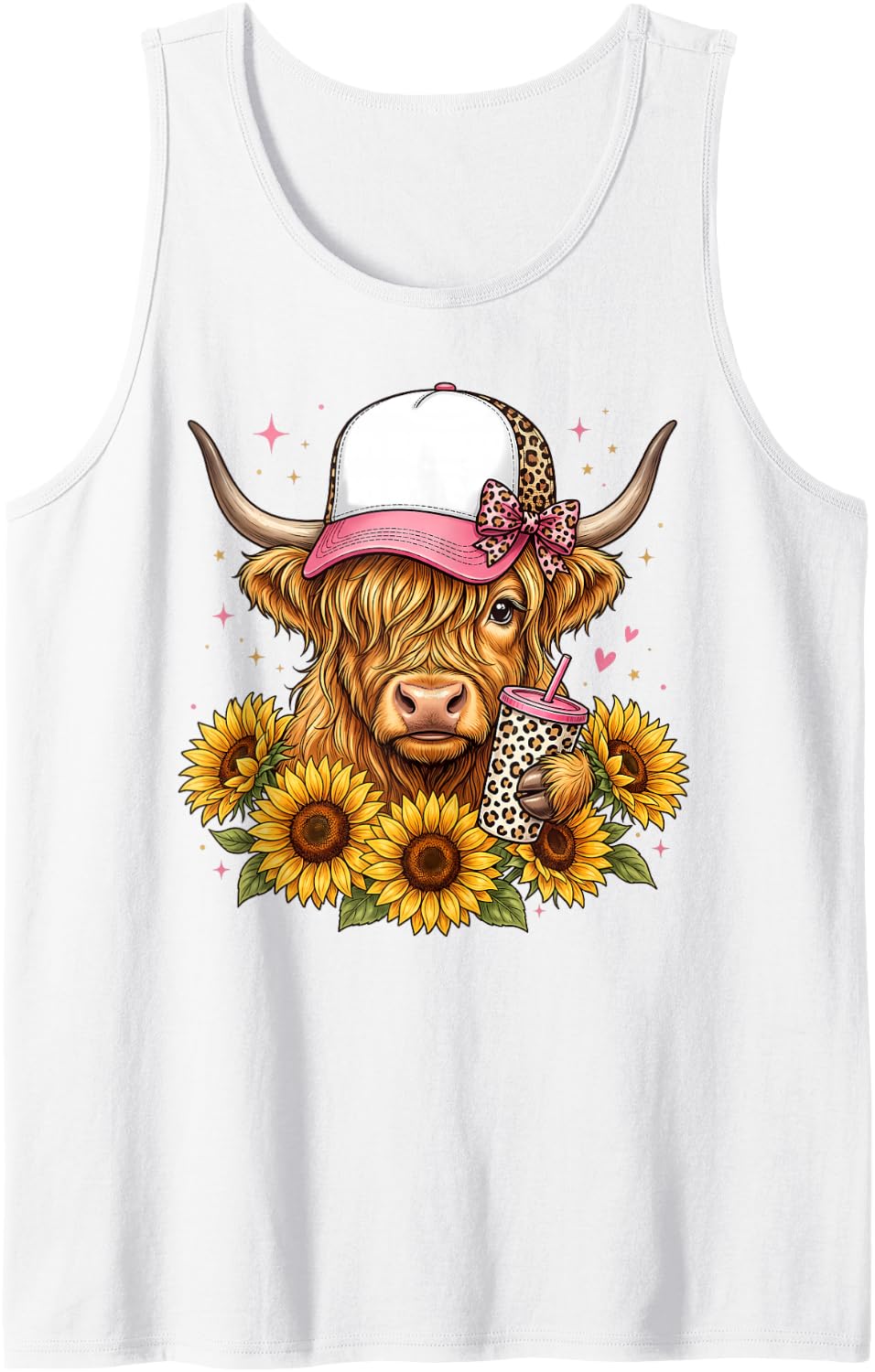 Leopard Highland Cow Sunflower Coffee Farm Animal Lover Sleeveless Tank Top - White