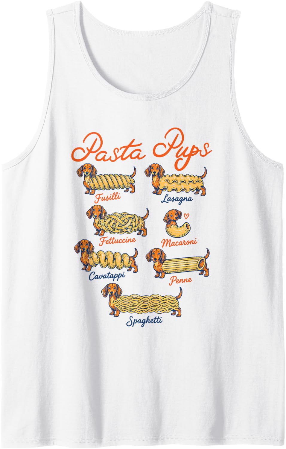 Dachshund Pasta Pups Spaghetti Fusilli Penne Doxie Foodie Sleeveless Tank Top - White