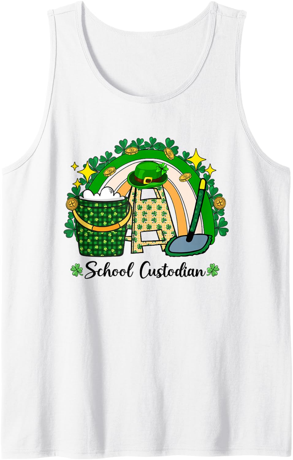 School Custodian Pencil Apple Shamrock St Patricks Day Sleeveless Tank Top - White