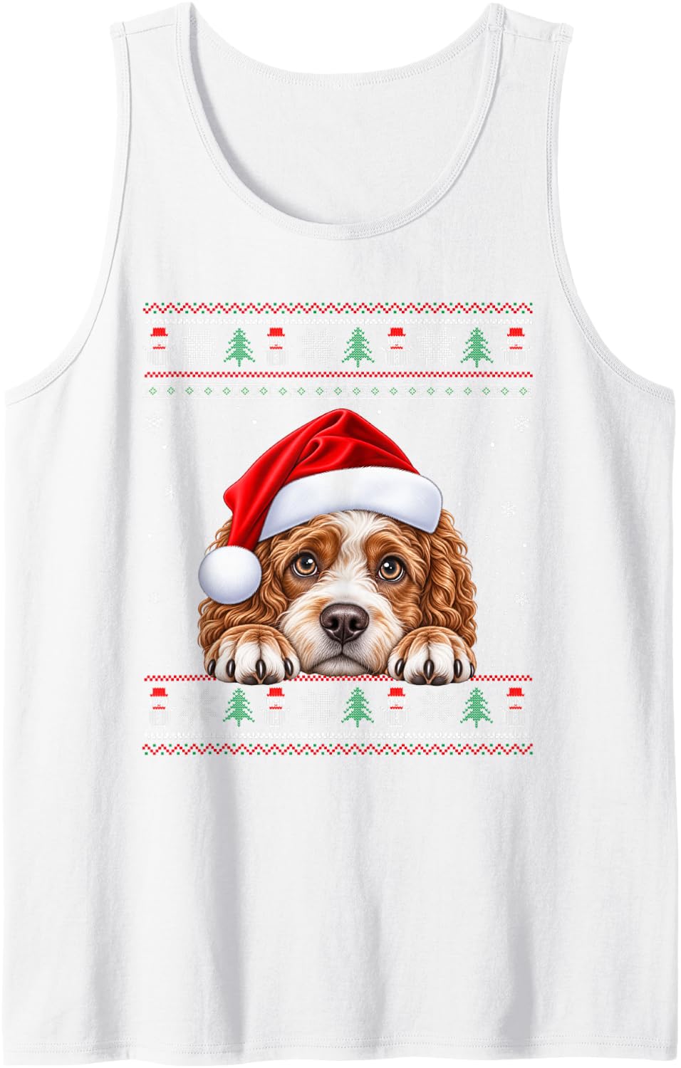 Cavapoo Dog Ugly Christmas Sweater Santa Hat Dog Xmas Sleeveless Tank Top - White