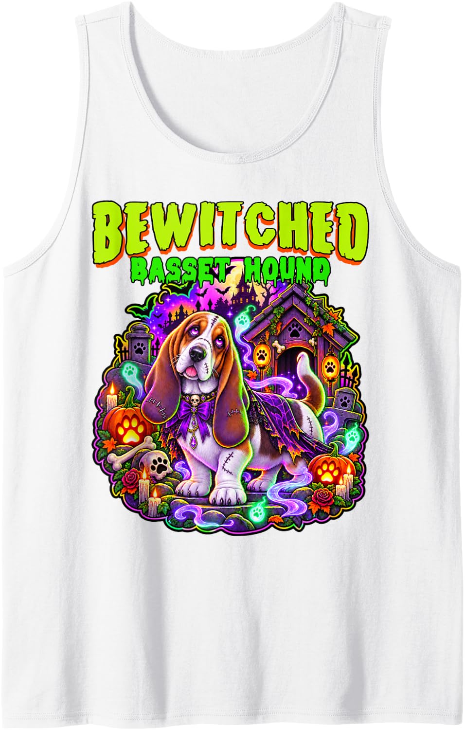 Bewitched Basset Hound Zombie Ghost Undead Spooky Scary Tank Top - White